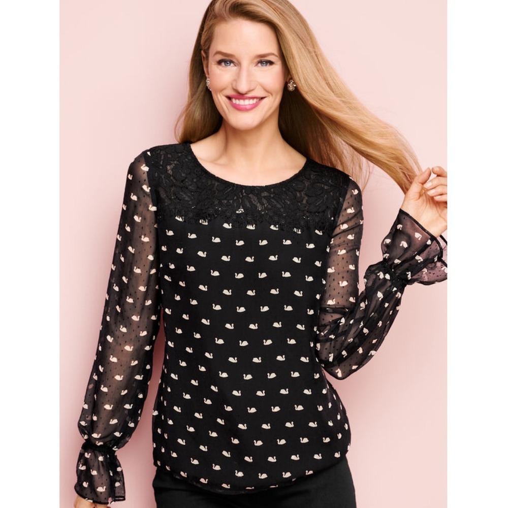 RSVP Talbots Womens Swan‎ Print Blouse XL Black Lace Sheer Dark Romantic Novelty